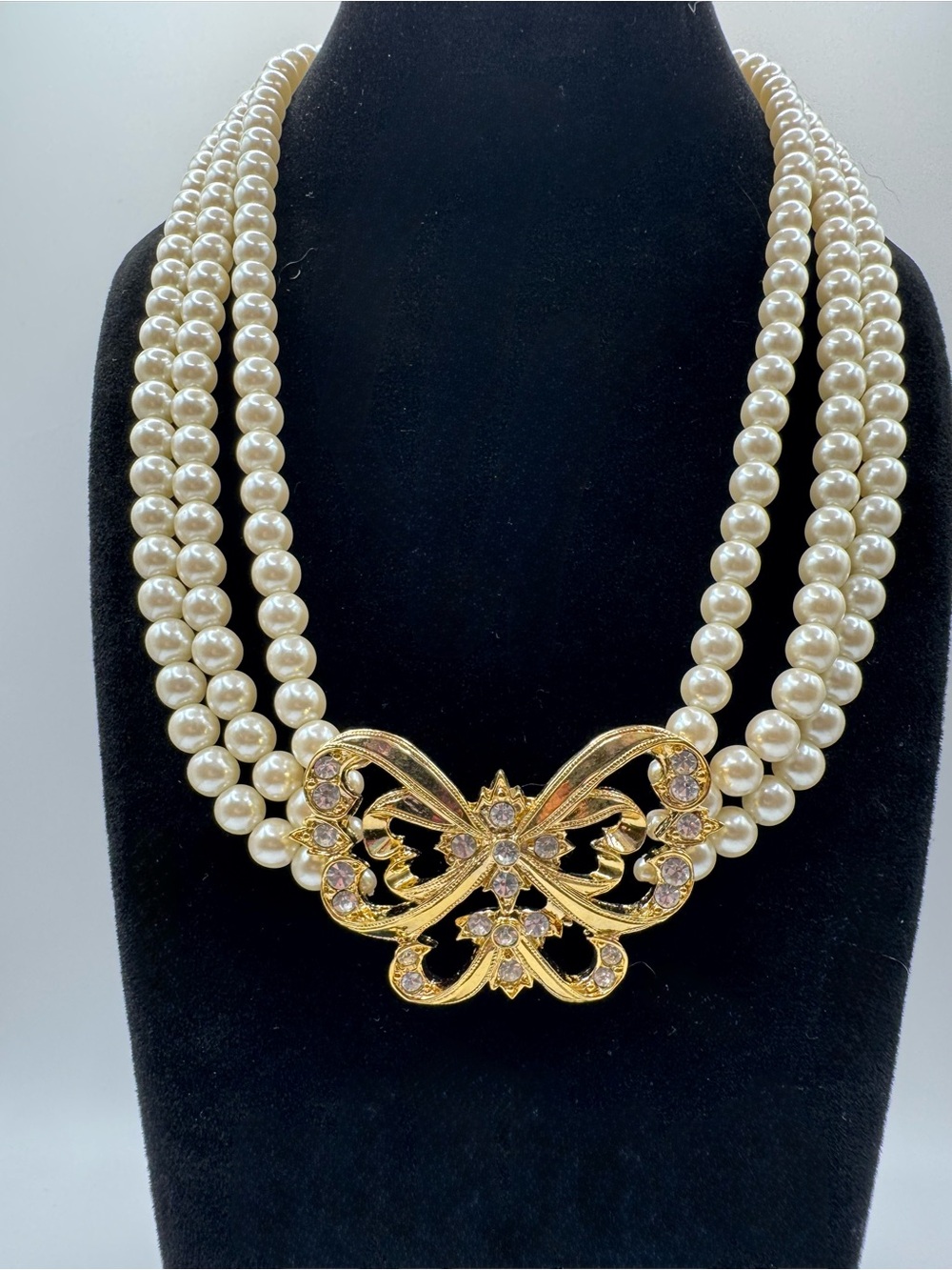 Pearl Triple-Strand Necklace with Gold Butterfly Accent - Picture 2 of 6